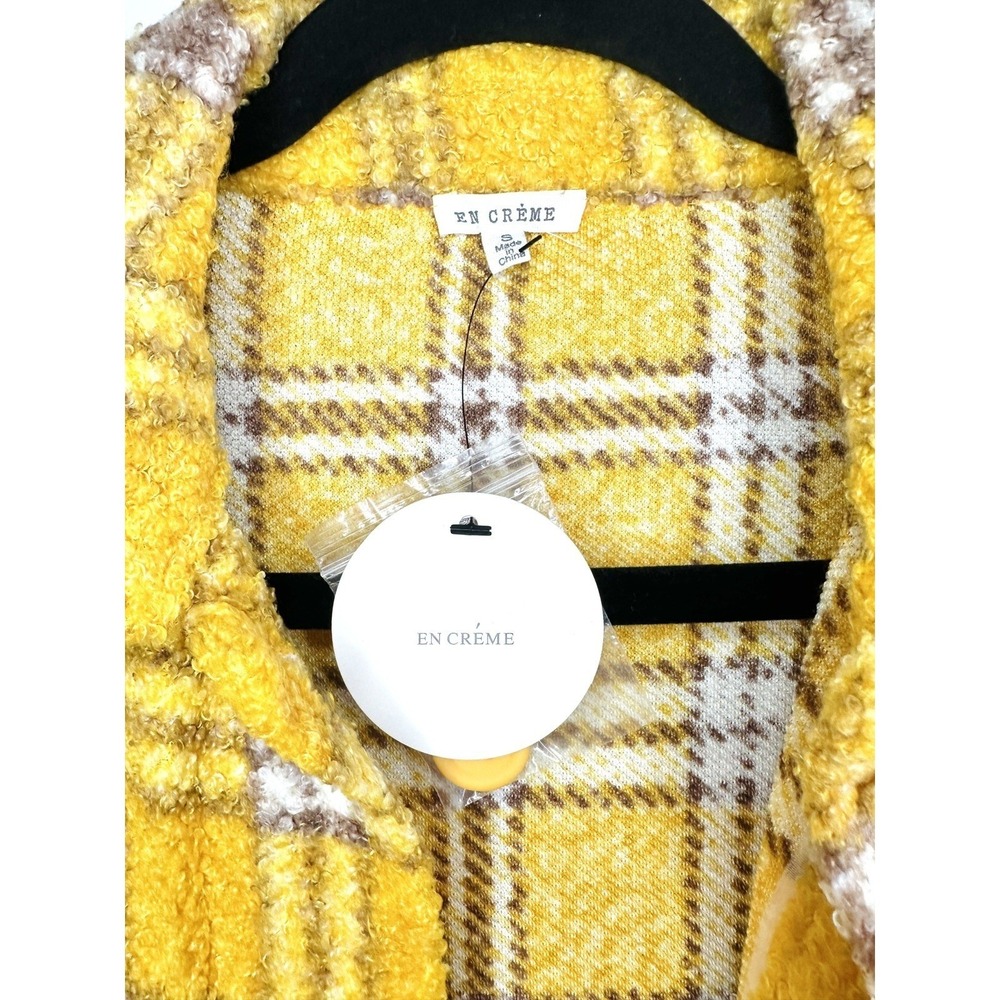 En Crème Women's Small Sherpa Shacket Jacket Plaid Oversized Mustard Streetwear - Picture 3 of 11